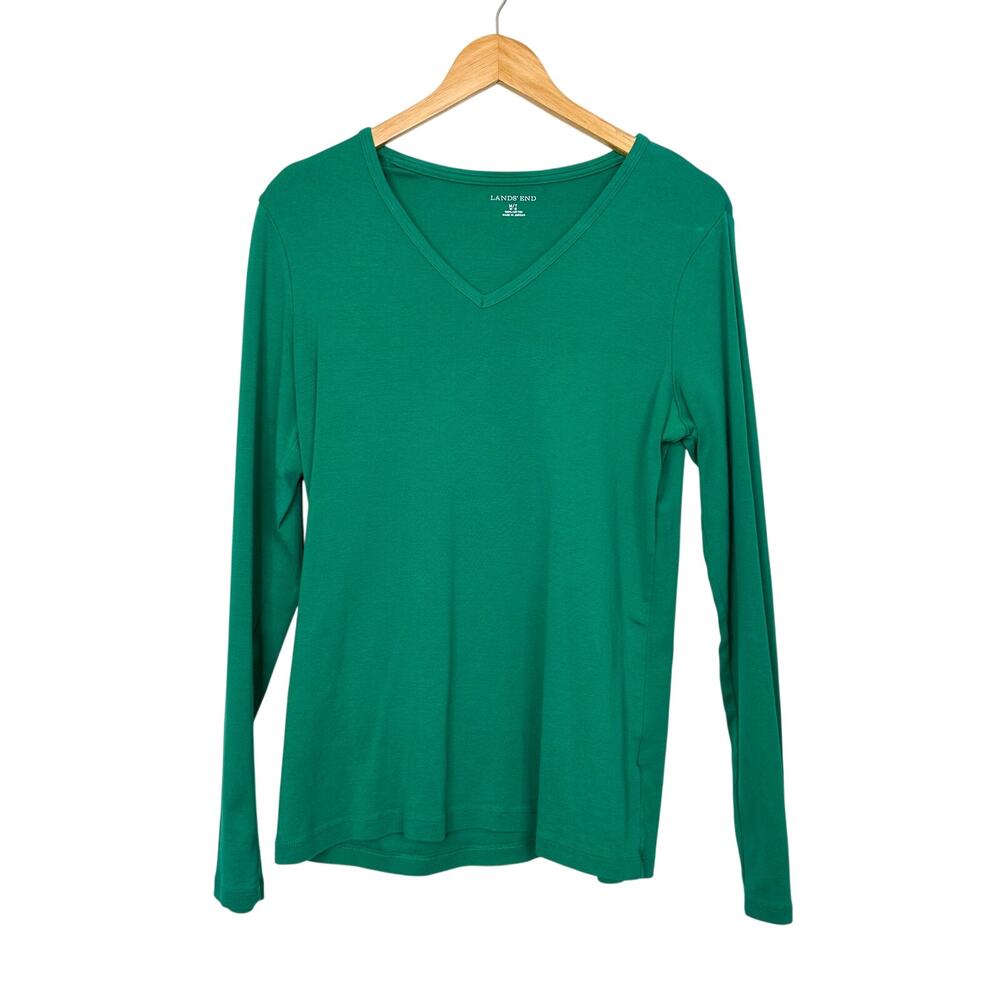 Lands' End Green V-Neck Lightweight Long Sleeve T-Shirt